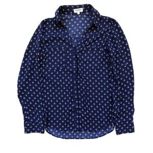 Express Portofino Women’s Long Sleeve Roll Tab Button Front Blue Nautical Size S
